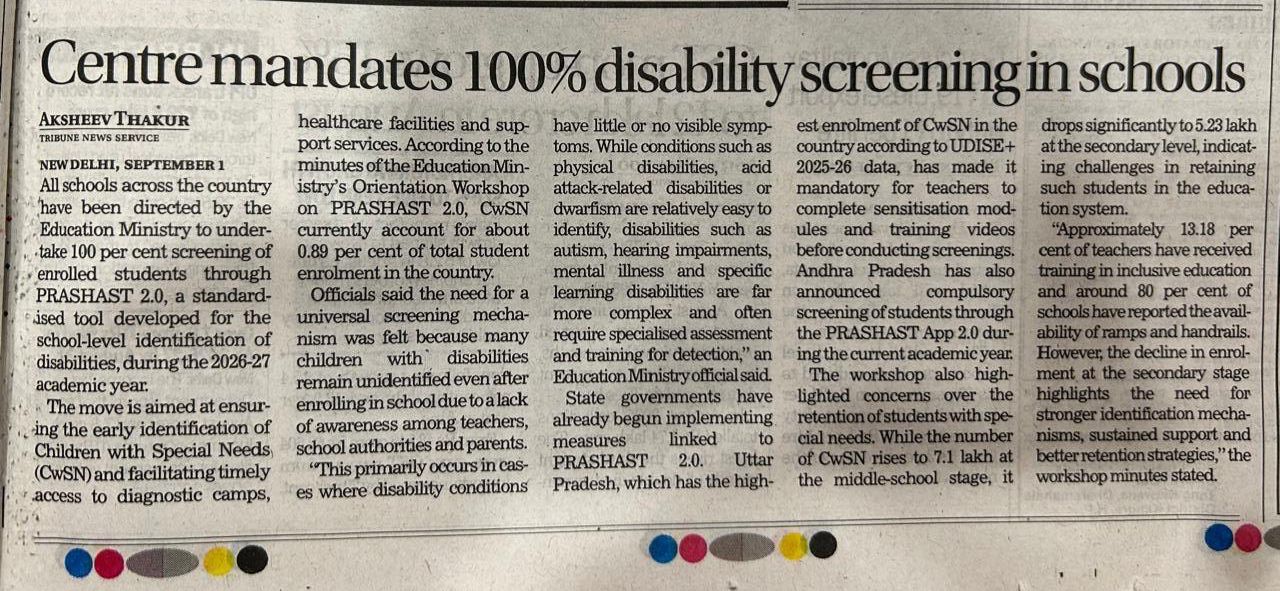 Newspaper report: Centre mandates 100% disability screening in schools via PRASHAST 2.0 for the 2026-27 academic year