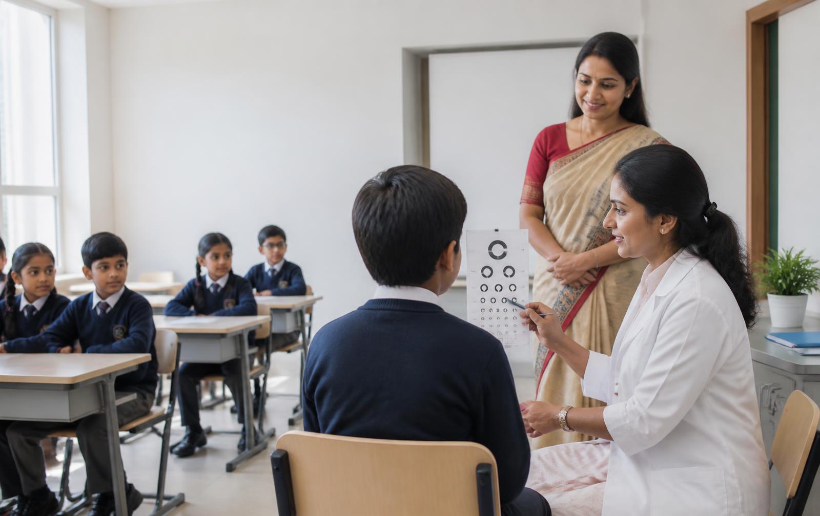 Indian school health screening led by a doctor with a teacher present