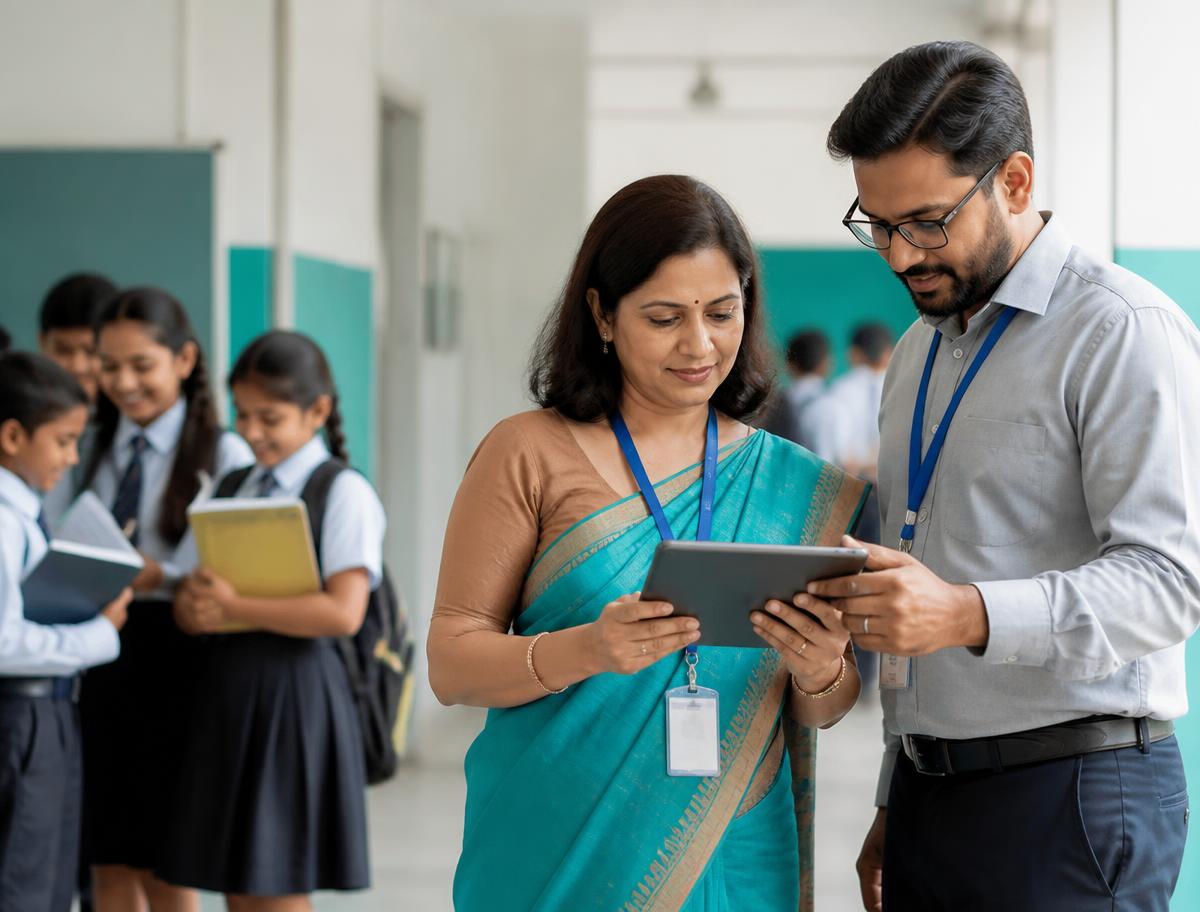 Indian school principal and teacher reviewing student wellbeing information